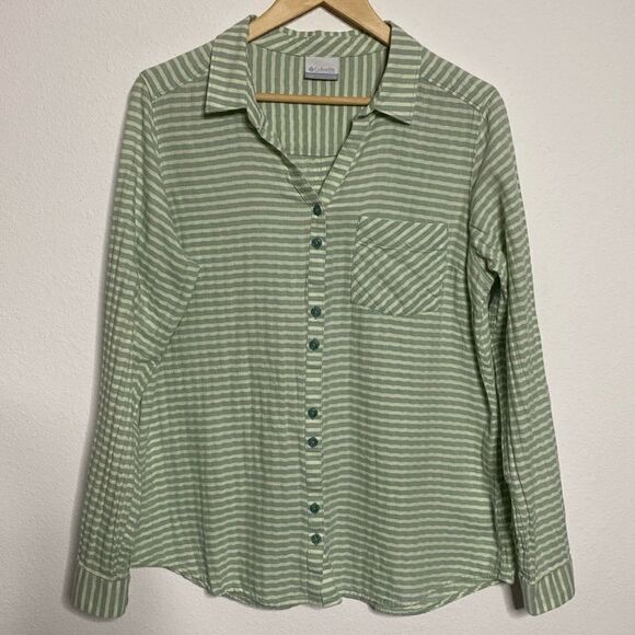 COLUMBIA Lightweight Green Striped Button Down Shirt - Picture 9 of 11